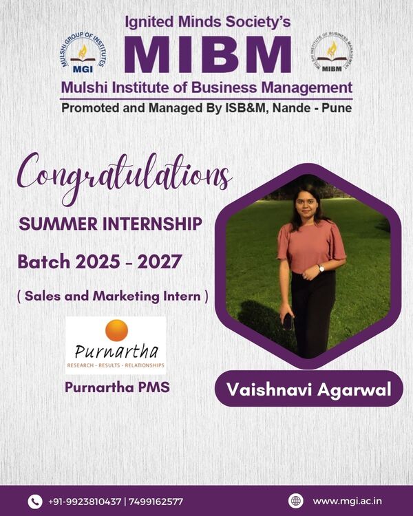 Congratulations to Vaishnavi Agarwal on getting summer internship in Purnartha PMS